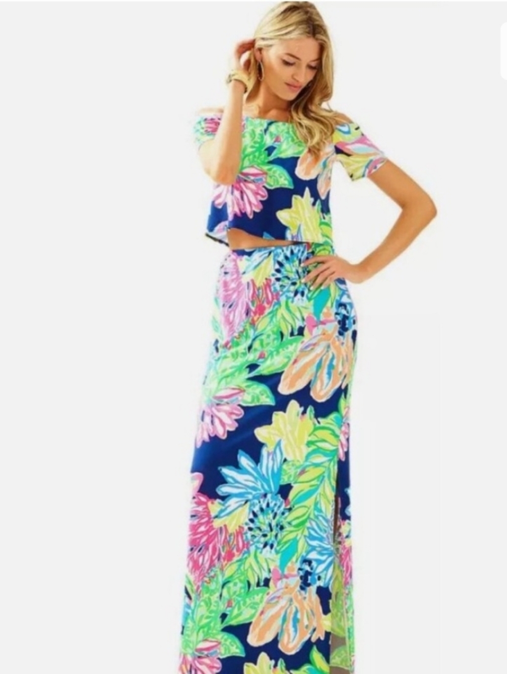 Lilly Pulitzer Blue Multi Tropical Floral Off-Shoulder Maxi Skirt Set